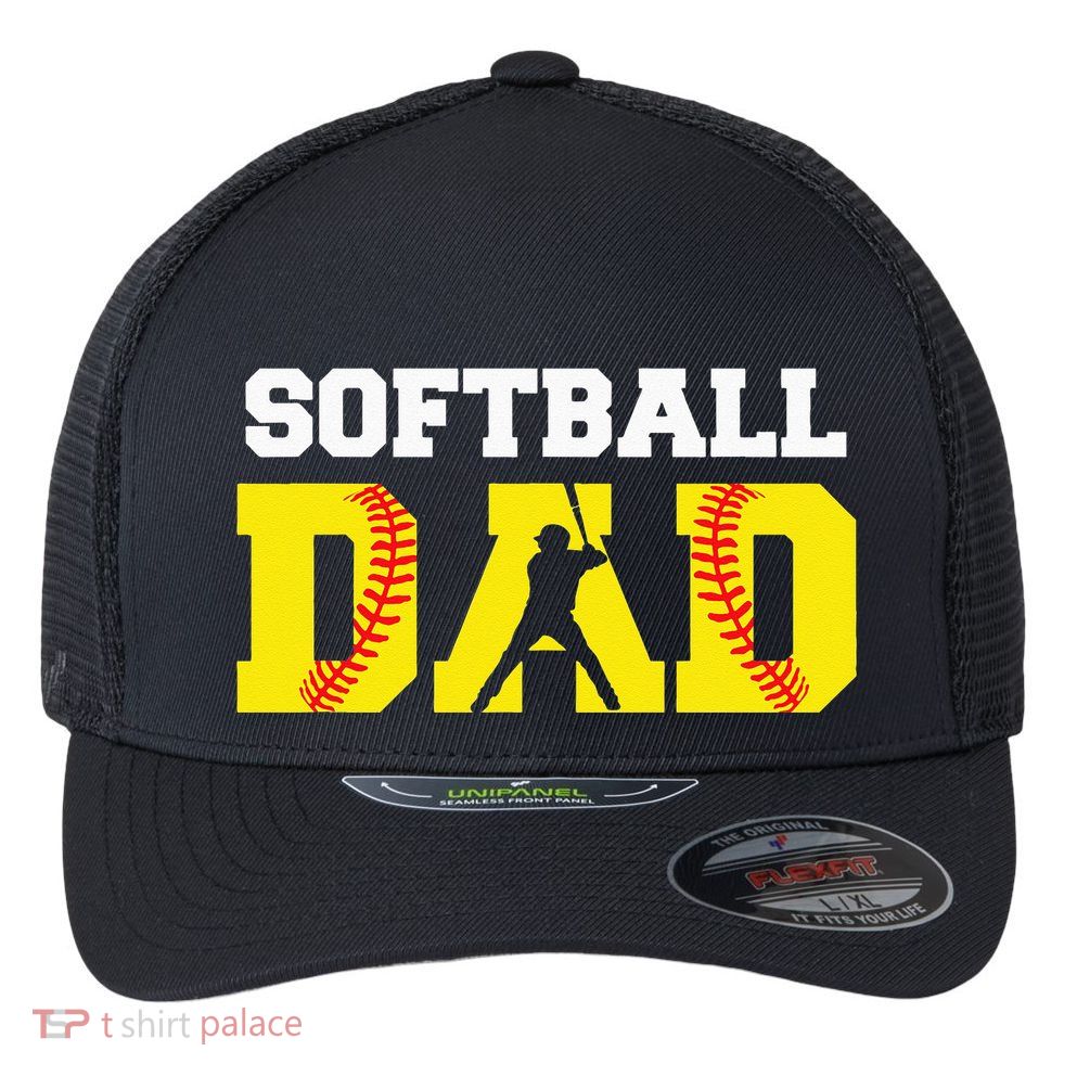 Dad Softball Apparel Yellow Softball Dad Flexfit Unipanel Trucker Cap
