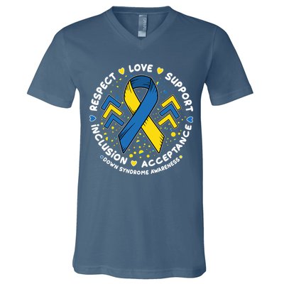 Down Syndrome Awareness Respect Love Support Inclusion Acceptance V-Neck T-Shirt