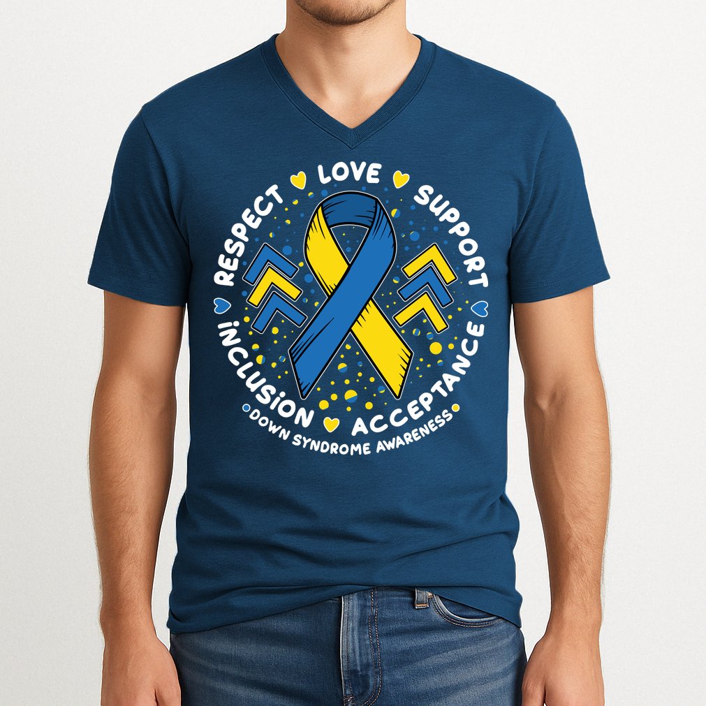 Down Syndrome Awareness Respect Love Support Inclusion Acceptance V-Neck T-Shirt