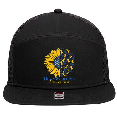 Down Syndrome Awareness Ribbon Sunflower 7 Panel Mesh Trucker Snapback Hat