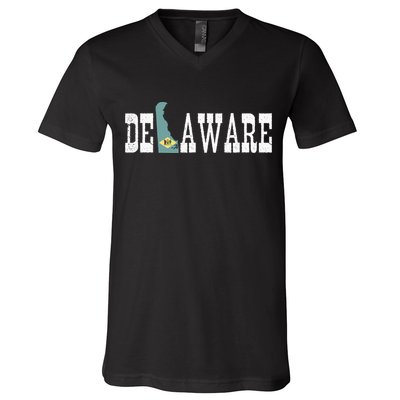 Delaware State And Delaware Flag With Pride For Delaware V-Neck T-Shirt
