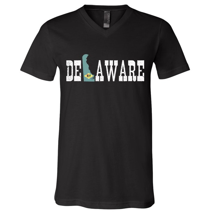 Delaware State And Delaware Flag With Pride For Delaware V-Neck T-Shirt