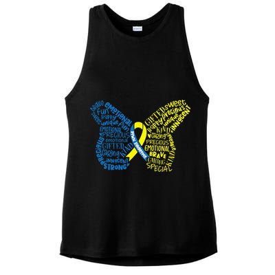 Down Syndrome Awareness Month Butterfly Word Cloud Ladies PosiCharge Tri-Blend Wicking Tank