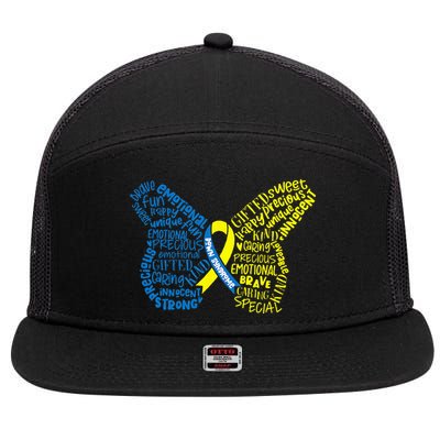 Down Syndrome Awareness Month Butterfly Word Cloud 7 Panel Mesh Trucker Snapback Hat