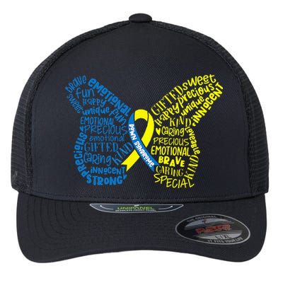 Down Syndrome Awareness Month Butterfly Word Cloud Flexfit Unipanel Trucker Cap