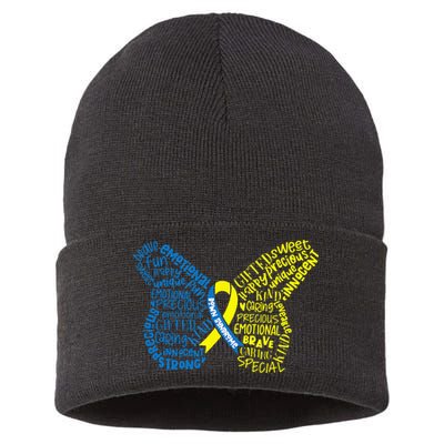Down Syndrome Awareness Month Butterfly Word Cloud Sustainable Knit Beanie