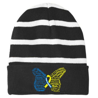 Down Syndrome Awareness Month Butterfly Word Cloud Striped Beanie with Solid Band