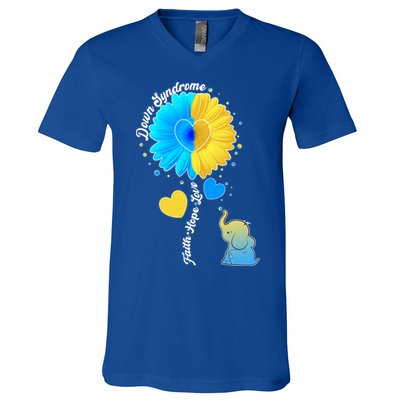 Down Syndrome Awareness Faith Hope Love Flower Elephant V-Neck T-Shirt