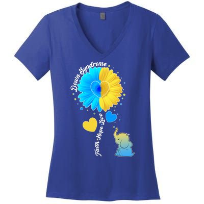 Down Syndrome Awareness Faith Hope Love Flower Elephant Women's V-Neck T-Shirt