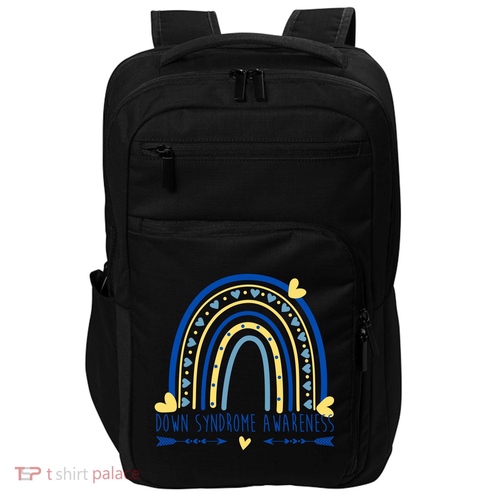 Down Syndrome Awareness Rainbow Heart Impact Tech Backpack