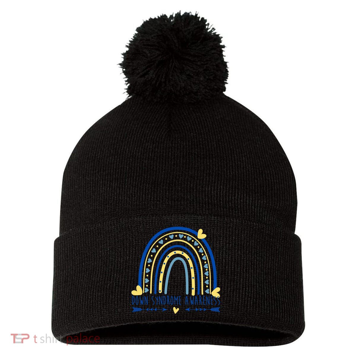 Down Syndrome Awareness Rainbow Heart Pom Pom 12in Knit Beanie