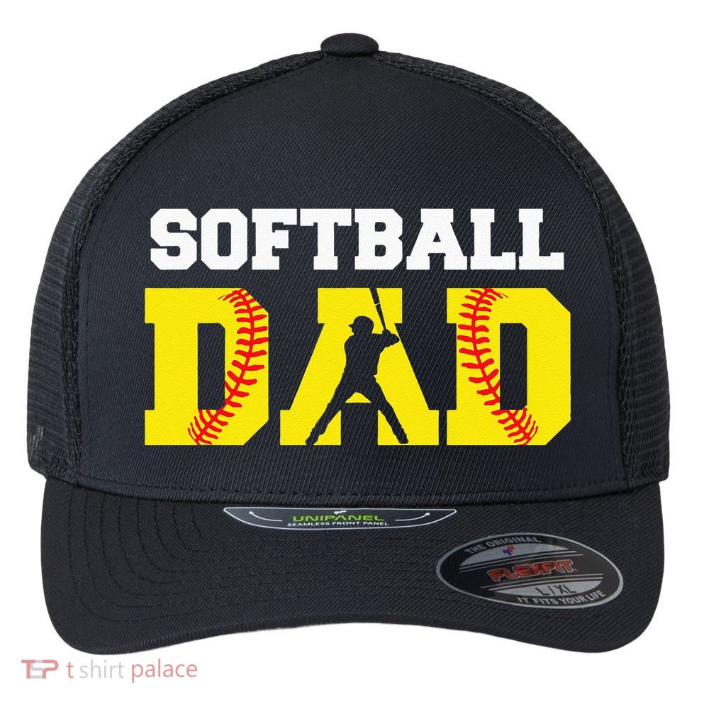 Dad Softball Apparel Yellow Softball Dad Flexfit Unipanel Trucker Cap