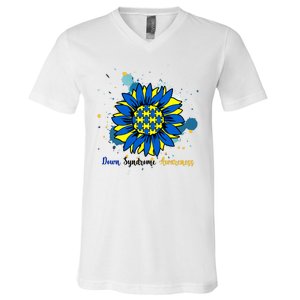 Down Syndrome Awareness Sunflower V-Neck T-Shirt