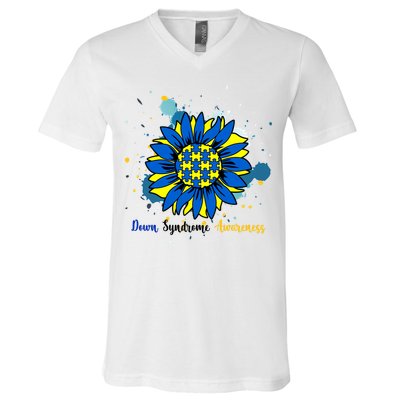 Down Syndrome Awareness Sunflower V-Neck T-Shirt