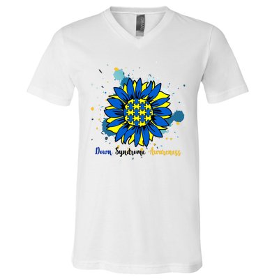 Down Syndrome Awareness Sunflower V-Neck T-Shirt