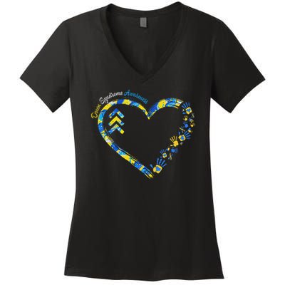 Down Syndrome Awareness Heart Down Right Perfect 321 T21 Women's V-Neck T-Shirt
