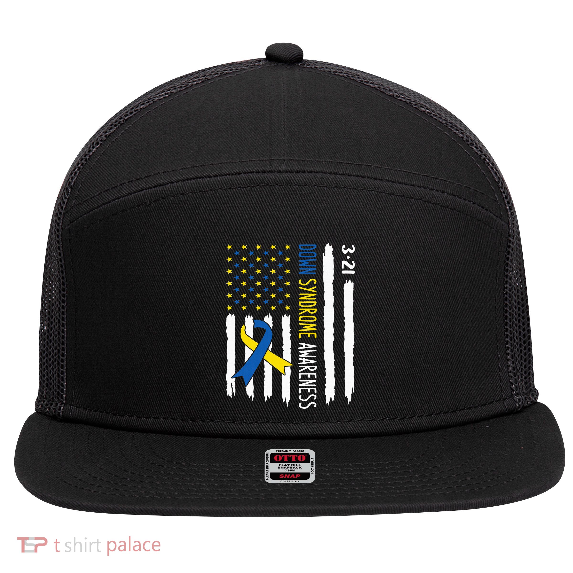 Down Syndrome Awareness Us Flag Trisomy 21 7 Panel Mesh Trucker Snapback Hat