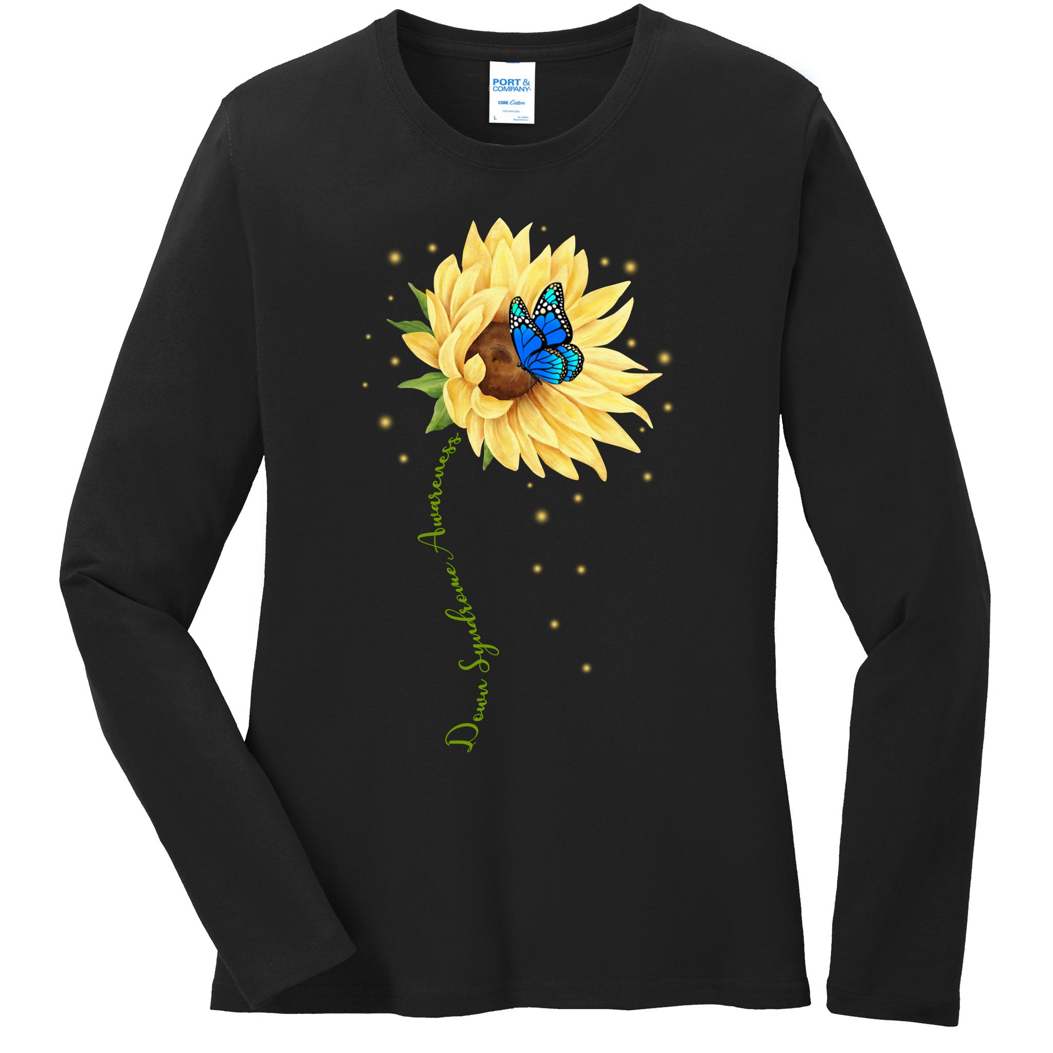 Down Syndrome Awareness Sunflower Butterfly Ladies Long Sleeve Shirt