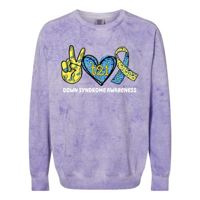 Down Syndrome Awareness T21 Peace Love Ribbon Colorblast Crewneck Sweatshirt