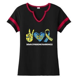 Down Syndrome Awareness T21 Peace Love Ribbon Ladies Halftime Notch Neck Tee