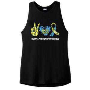 Down Syndrome Awareness T21 Peace Love Ribbon Ladies PosiCharge Tri-Blend Wicking Tank