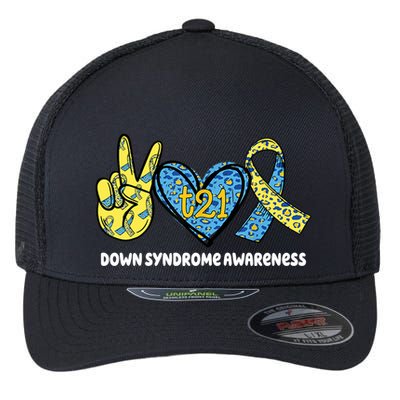 Down Syndrome Awareness T21 Peace Love Ribbon Flexfit Unipanel Trucker Cap