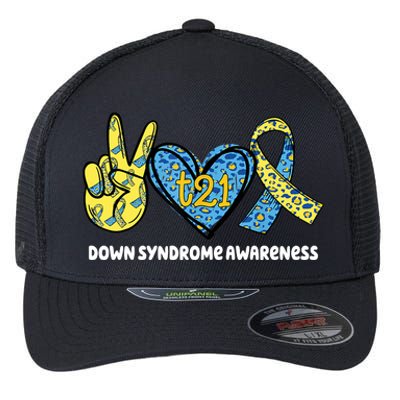 Down Syndrome Awareness T21 Peace Love Ribbon Flexfit Unipanel Trucker Cap