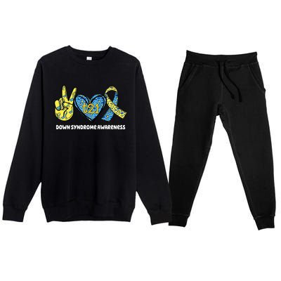 Down Syndrome Awareness T21 Peace Love Ribbon Premium Crewneck Sweatsuit Set