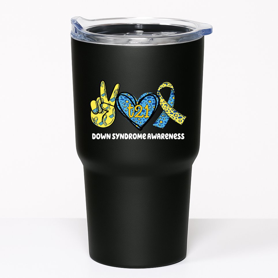 Down Syndrome Awareness T21 Peace Love Ribbon Tumbler