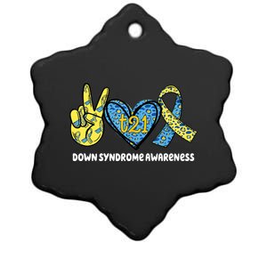 Down Syndrome Awareness T21 Peace Love Ribbon Ceramic Star Ornament