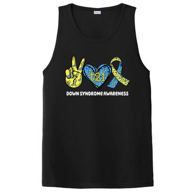 Down Syndrome Awareness T21 Peace Love Ribbon PosiCharge Competitor Tank