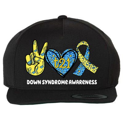 Down Syndrome Awareness T21 Peace Love Ribbon Wool Snapback Cap