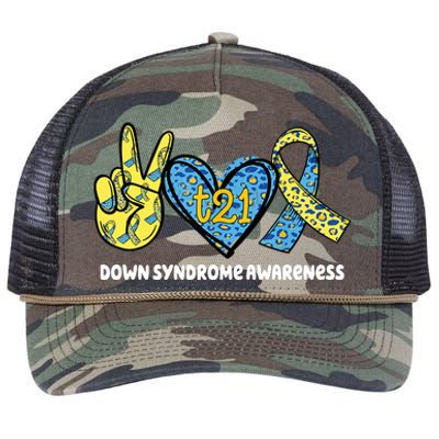 Down Syndrome Awareness T21 Peace Love Ribbon Retro Rope Trucker Hat Cap