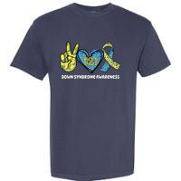 Down Syndrome Awareness T21 Peace Love Ribbon Garment-Dyed Heavyweight T-Shirt