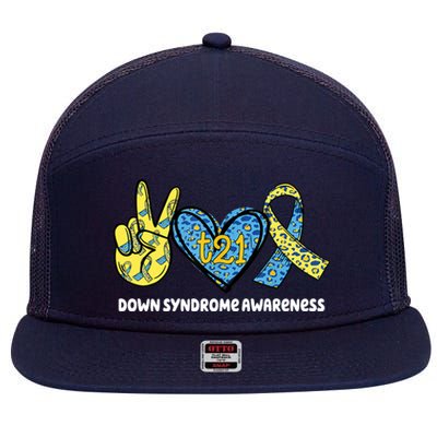 Down Syndrome Awareness T21 Peace Love Ribbon 7 Panel Mesh Trucker Snapback Hat