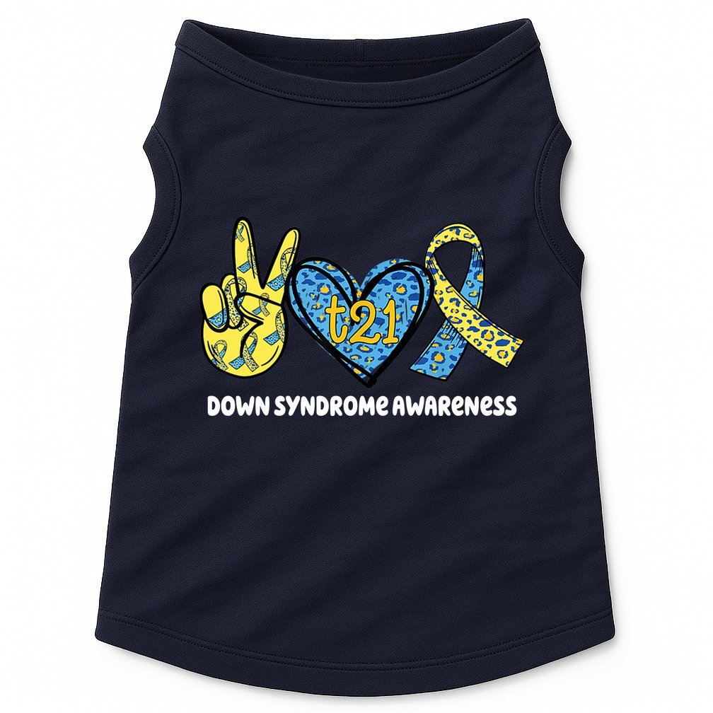 Down Syndrome Awareness T21 Peace Love Ribbon Doggie Tank