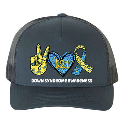 Down Syndrome Awareness T21 Peace Love Ribbon Yupoong Adult 5-Panel Trucker Hat