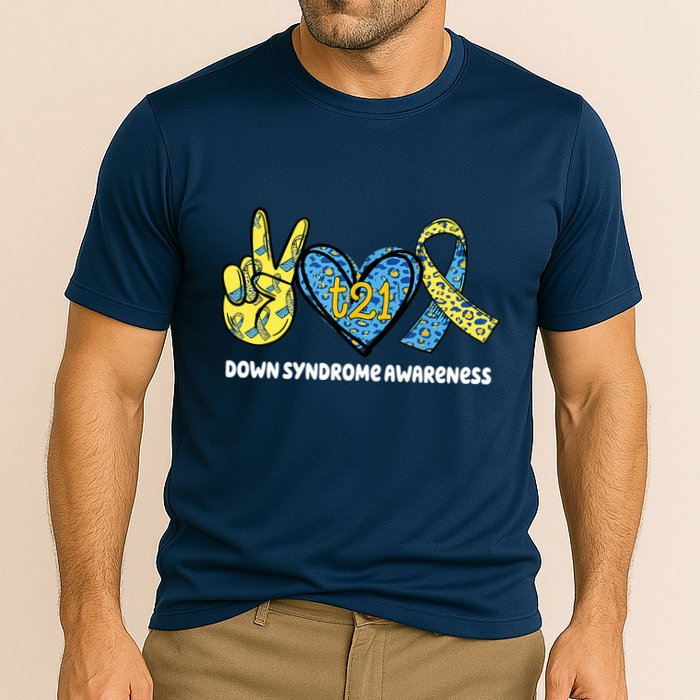 Down Syndrome Awareness T21 Peace Love Ribbon Performance Shirt