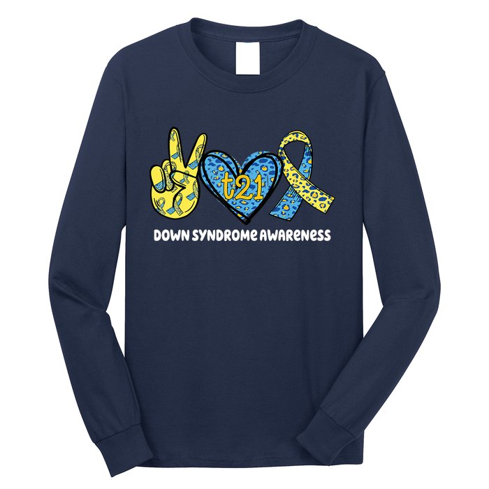 Down Syndrome Awareness T21 Peace Love Ribbon Long Sleeve Shirt