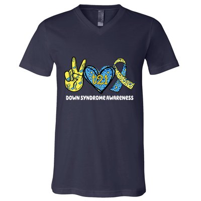 Down Syndrome Awareness T21 Peace Love Ribbon V-Neck T-Shirt