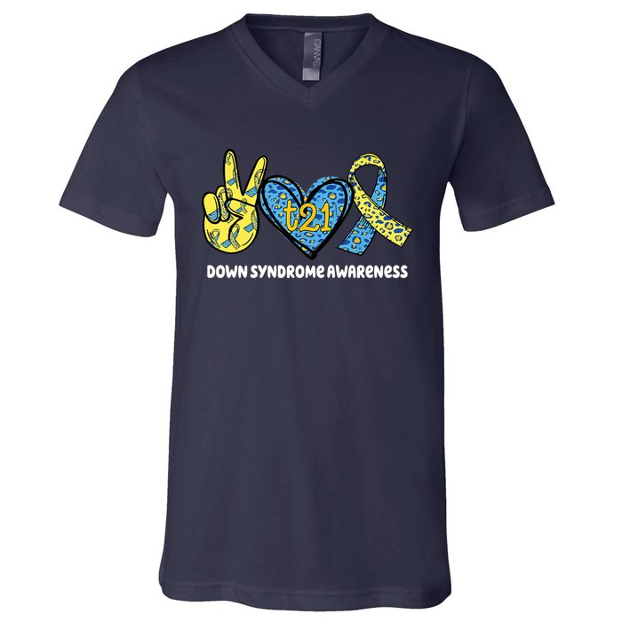 Down Syndrome Awareness T21 Peace Love Ribbon V-Neck T-Shirt