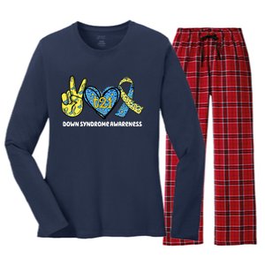 Down Syndrome Awareness T21 Peace Love Ribbon Women's Long Sleeve Flannel Pajama Set 