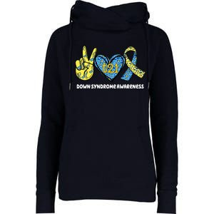 Down Syndrome Awareness T21 Peace Love Ribbon Womens Funnel Neck Pullover Hood