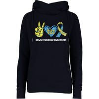 Down Syndrome Awareness T21 Peace Love Ribbon Womens Funnel Neck Pullover Hood