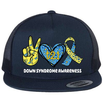 Down Syndrome Awareness T21 Peace Love Ribbon Flat Bill Trucker Hat