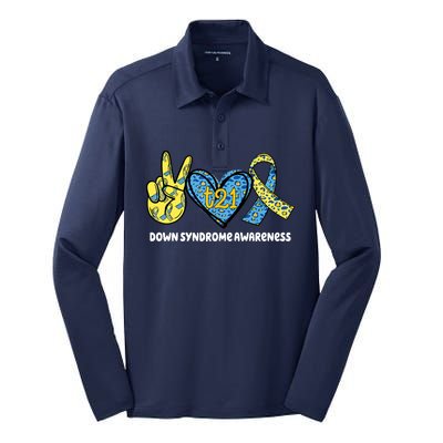 Down Syndrome Awareness T21 Peace Love Ribbon Silk Touch Performance Long Sleeve Polo