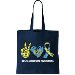 Down Syndrome Awareness T21 Peace Love Ribbon Tote Bag