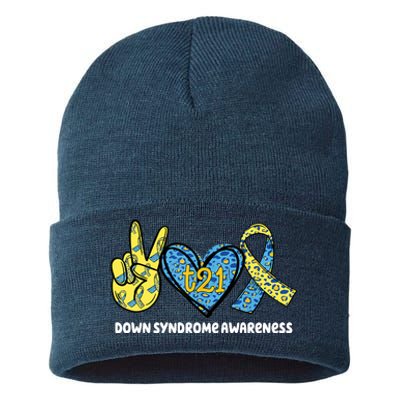 Down Syndrome Awareness T21 Peace Love Ribbon Sustainable Knit Beanie