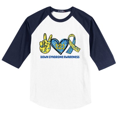 Down Syndrome Awareness T21 Peace Love Ribbon Baseball Sleeve Shirt