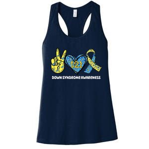 Down Syndrome Awareness T21 Peace Love Ribbon Women's Racerback Tank